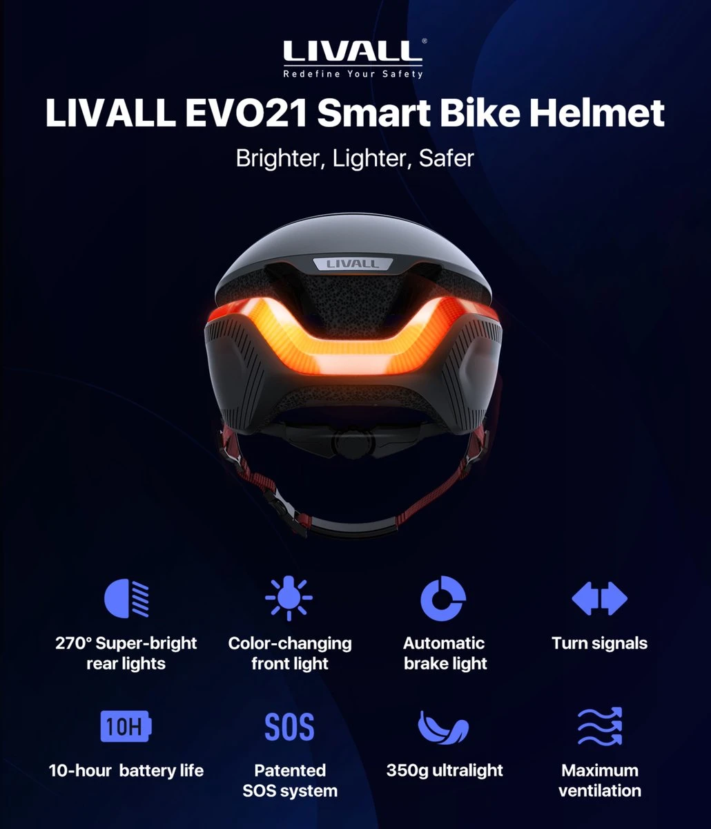 Livall EVO21 Black Medium - (Smart) Fietshelm - SOS Functie - LED Richtingaanwijzers - Smart Verlichting 5 Livall EVO21 Black Medium - (Smart) Fietshelm - SOS Functie - LED Richtingaanwijzers - Smart Verlichting - Afbeelding 3