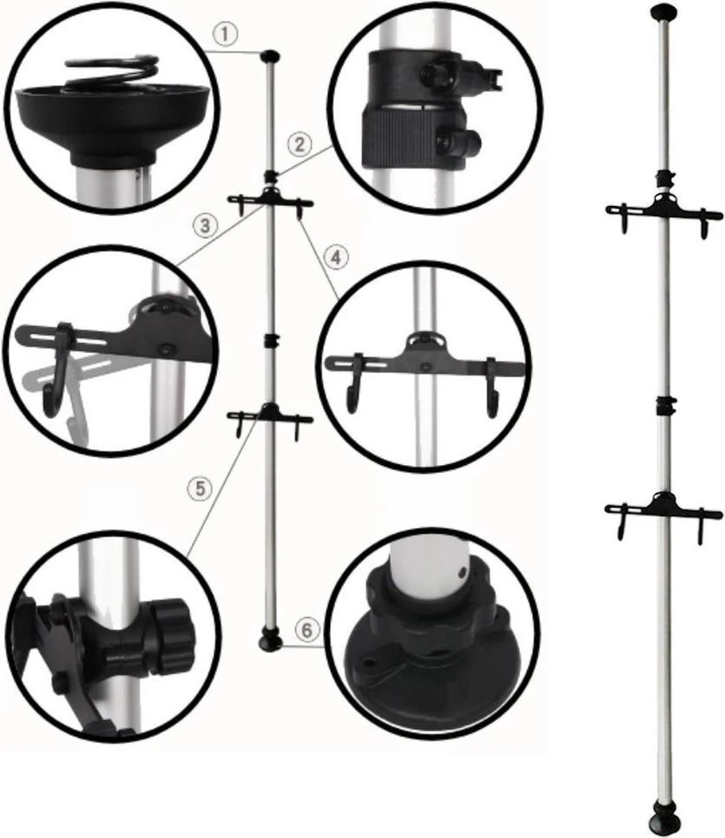 Merkloos Decopatent® PRO Plafond Fiets Ophangsysteem Voor 2 Fietsen - Staand Fietsenrek 2 Fietsen - Fietsenhouder Met Telescoop Opbergstang 8 Merkloos Decopatent® PRO Plafond Fiets Ophangsysteem Voor 2 Fietsen - Staand Fietsenrek 2 Fietsen - Fietsenhouder Met Telescoop Opbergstang - Afbeelding 6