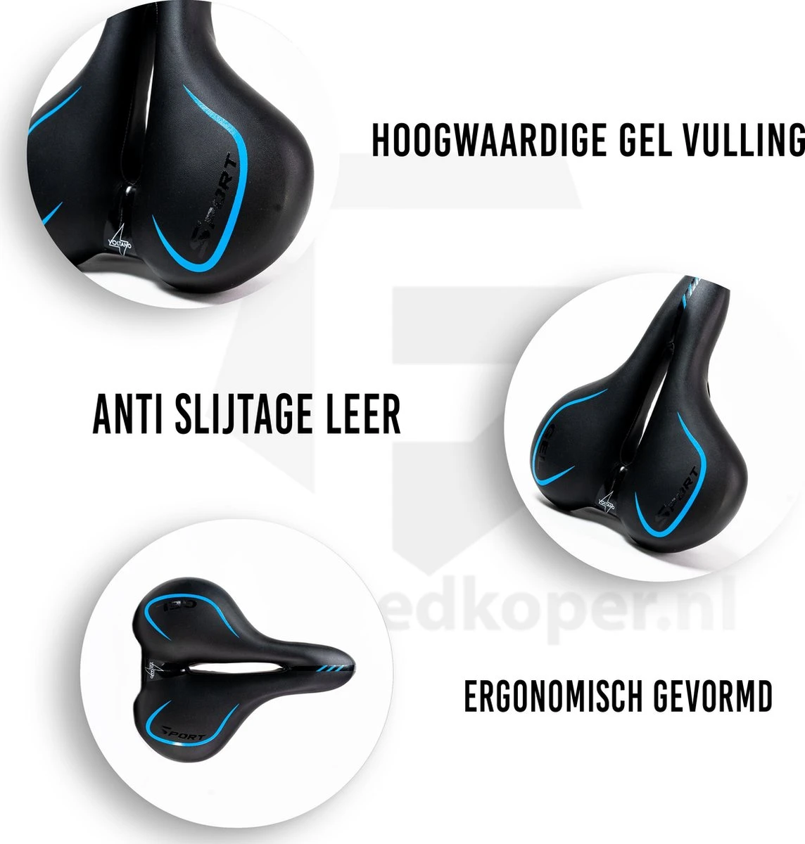 Voltano City / Tour Fietszadel - Comfortabel Gel Zadel - Met Uitsparing - Unisex - Zwart / Blauw - Elastomeren Vering Voor Extra Comfort 4 Voltano City / Tour Fietszadel - Comfortabel Gel Zadel - Met Uitsparing - Unisex - Zwart / Blauw - Elastomeren Vering Voor Extra Comfort - Afbeelding 2