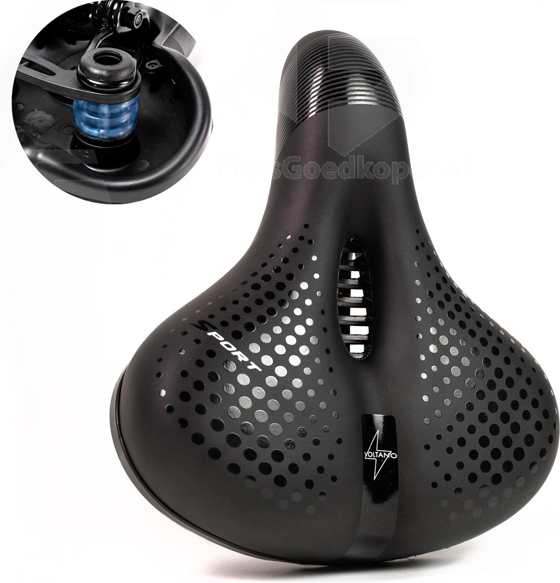 Voltano Pro Gel Fietszadel – Met Uitsparing – Zwart – Unisex - Inclusief Zadelstrop - Ergonomisch Gevormd - Elastomeer Vering 3 Voltano Pro Gel Fietszadel – Met Uitsparing – Zwart – Unisex - Inclusief Zadelstrop - Ergonomisch Gevormd - Elastomeer Vering