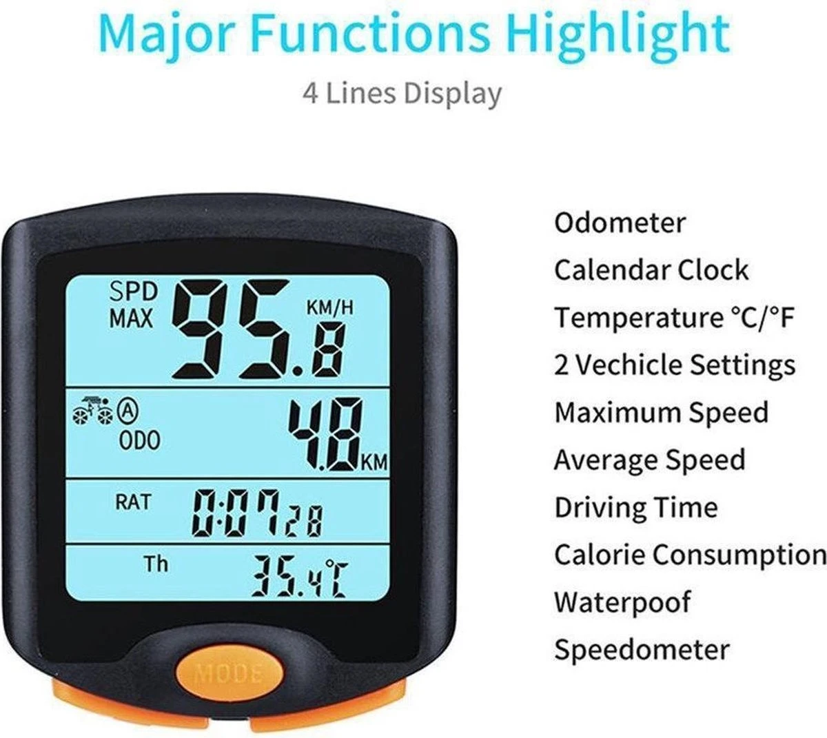 DrPhone FCS2 Fietscomputer - Draadloze Fiets Snelheidsmeter - Kilometerteller - Spatwaterdicht - 4-Lijn Display Met Achtergrondverlichting - Zwart 4 DrPhone FCS2 Fietscomputer - Draadloze Fiets Snelheidsmeter - Kilometerteller - Spatwaterdicht - 4-Lijn Display Met Achtergrondverlichting - Zwart - Afbeelding 2