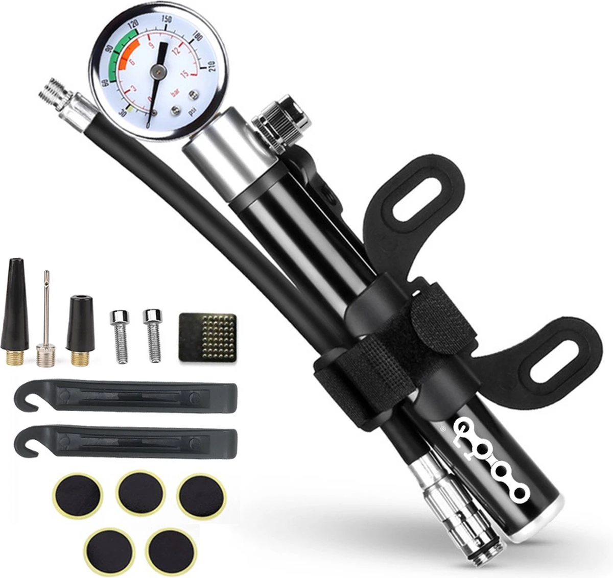 LHP Fietspomp Mini - Analoog Drukmeter - Inclusief Naaldventiel En Fietsbandreparatieset 3 LHP Fietspomp Mini - Analoog Drukmeter - Inclusief Naaldventiel En Fietsbandreparatieset