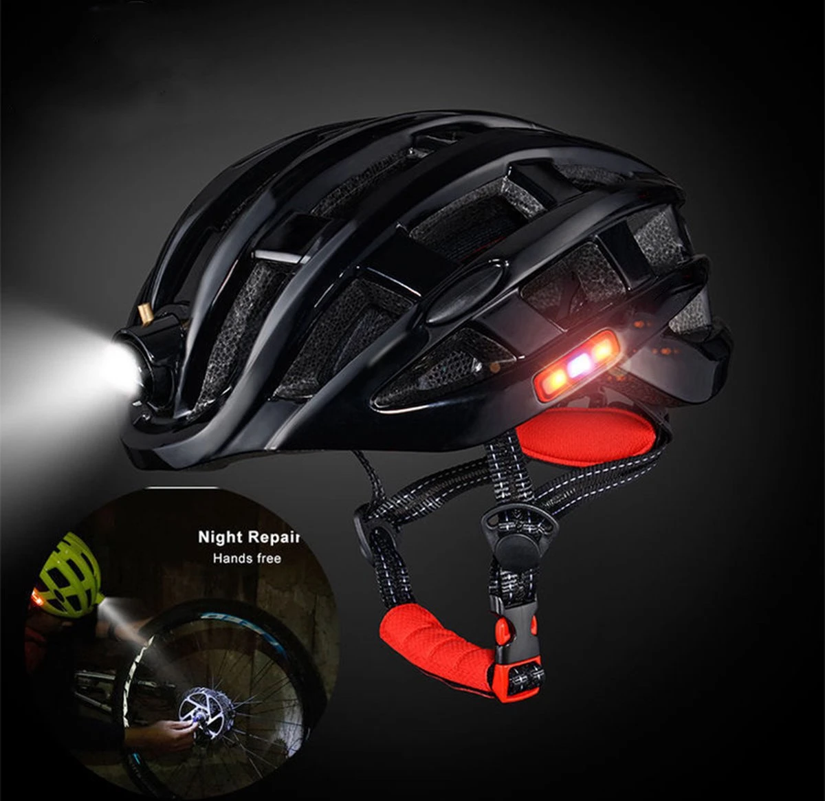 MTB Helm Met Verlichting | E-bike | Racefiets | Pro Fietshelm Met Verlichting | Licht Van Gewicht | Ingebouwde Led Lamp Als Voorlicht + Zijlicht En Achterlicht > Sport Lights, Kleur Helm Zwart 4 MTB Helm Met Verlichting | E-bike | Racefiets | Pro Fietshelm Met Verlichting | Licht Van Gewicht | Ingebouwde Led Lamp Als Voorlicht + Zijlicht En Achterlicht > Sport Lights, Kleur Helm Zwart - Afbeelding 2