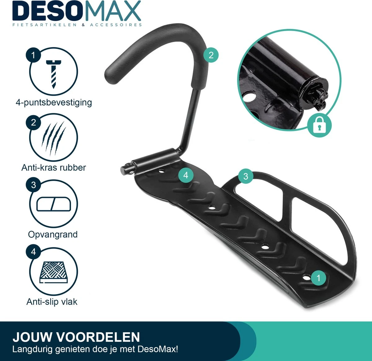 Fiets Ophangsysteem Ophangbeugel En Muurbeugel DesoMax® Muurhaak - Muurbevestiging Voor Met De Wiel Aan De Muur - Wandhouder - Fietshaak 4 Fiets Ophangsysteem Ophangbeugel En Muurbeugel DesoMax® Muurhaak - Muurbevestiging Voor Met De Wiel Aan De Muur - Wandhouder - Fietshaak - Afbeelding 2