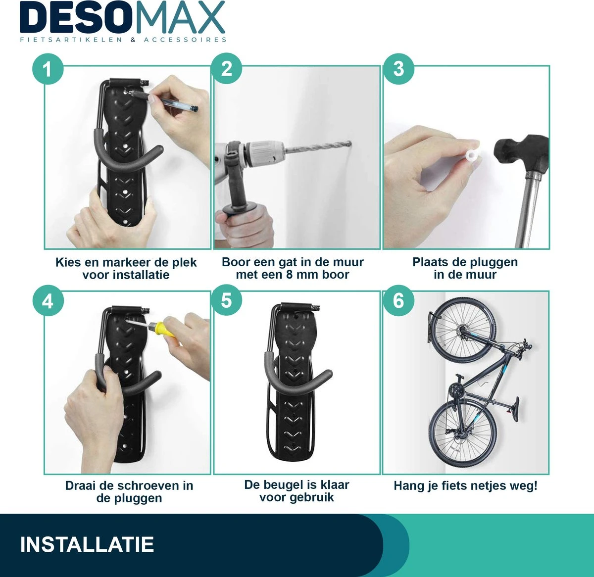 Fiets Ophangsysteem Ophangbeugel En Muurbeugel DesoMax® Muurhaak - Muurbevestiging Voor Met De Wiel Aan De Muur - Wandhouder - Fietshaak 11 Fiets Ophangsysteem Ophangbeugel En Muurbeugel DesoMax® Muurhaak - Muurbevestiging Voor Met De Wiel Aan De Muur - Wandhouder - Fietshaak - Afbeelding 9