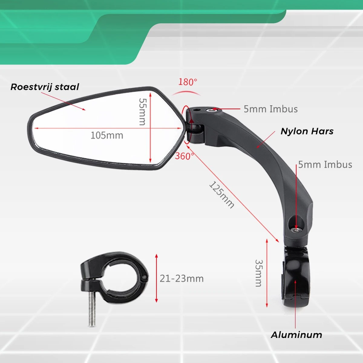 Merkloos Fietsspiegel + Reflectiestrip - Links - E-bike - Verstelbaar 360 Graden - Zwart 4 Merkloos Fietsspiegel + Reflectiestrip - Links - E-bike - Verstelbaar 360 Graden - Zwart - Afbeelding 2